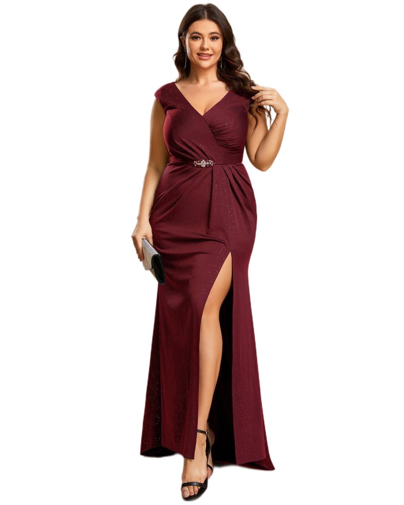 Front of a model wearing a size 20 Plus Size Elegant V-neck Glitter Sequin Front Slit Mother of the Bride Dress in Burgundy by Ever-Pretty. | dia_product_style_image_id:324417